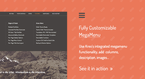 Fully Customizable MegaMenu / Use Kreo’s integrated megamenu functionality, add  columns, description, images…